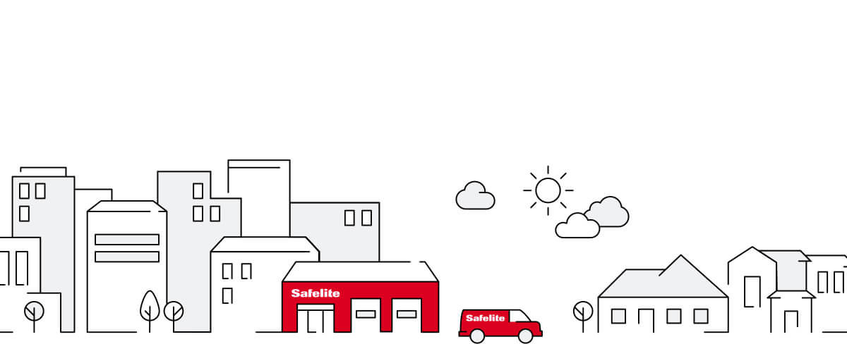 Illustration of a Safelite shop with a Mobile Glass Shop outside driving away towards a neighborhood